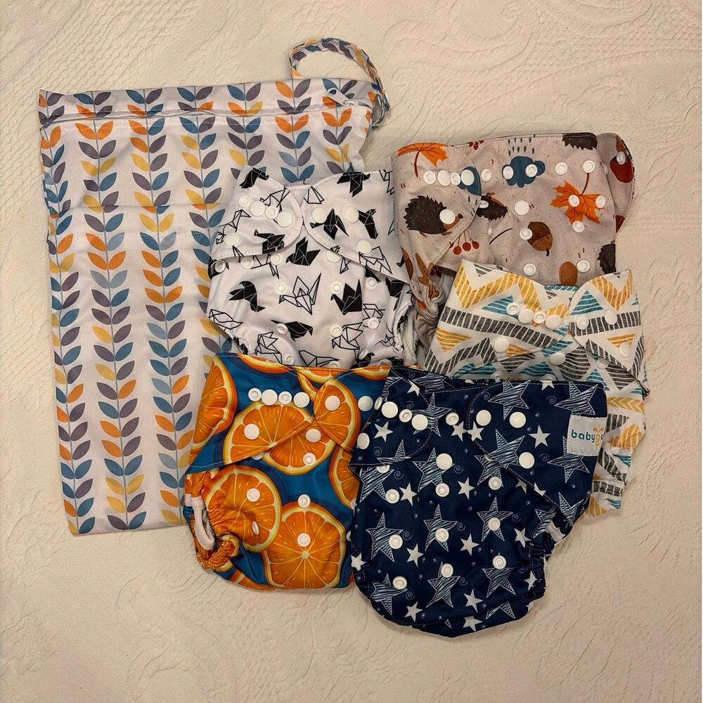 Babygoal 5 pack Cloth Diaper Covers and Wet Bag Adjustable Washable Nappy Covers